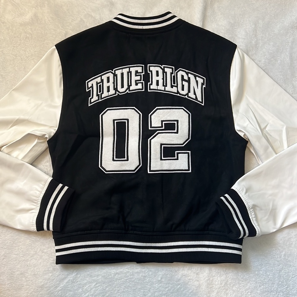 NWT True Religion True Varsity Jacket Black and Winter White Embroidered Detail - Picture 10 of 13